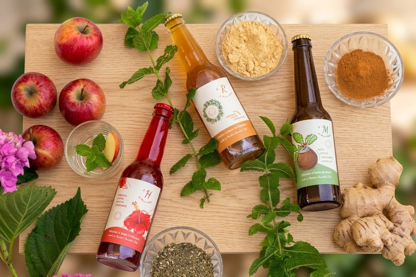 Trois bouteilles Maison Miollis — maté, hibiscus et rooibos — entourées d’ingrédients frais sur bois clair.